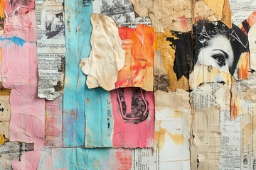 Wall Mural - bold collage of torn newspaper scraps and cursive letters on weathered parchment, vibrant feminist s