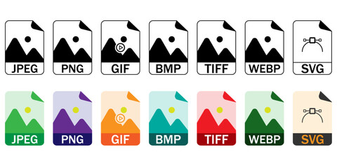 Collection of vector icons for image file formats (JPG, PNG, GIF, BMP, TIFF, WEBP, SVG) in outline and color styles. Ideal for UI/UX, web, and graphic design projects.