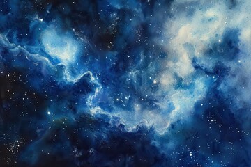 Wall Mural - celestial nebula watercolor with swirling cosmos of deep blues and silvers, ethereal star clusters emerging from misty depths