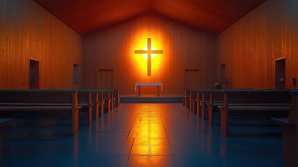 Fototapete - light of faith a serene chapel lit by the warm glow of a cross shaped window