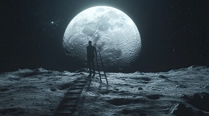 Aufkleber - man standing on a ladder to reach the moon 3d rendering