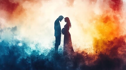 Aufkleber - motherhood digital watercolor illustration of silhouettes of jesus and a pregnant woman on watercolor background