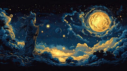 Poster - mythological god in the starry sky moving planets