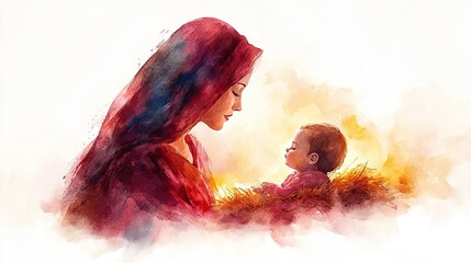 Poster - nativity mother mary and baby jesus watercolor illustration architecture details
