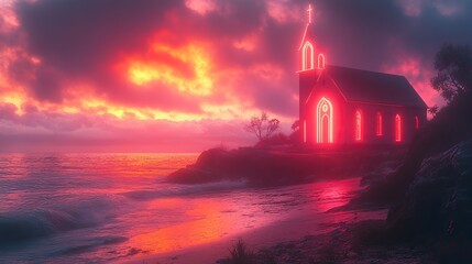 Leinwandbilder - neon art in dreamy landscapes church with neon lights on the shore