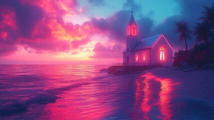 Poster - neon art in dreamy landscapes conceptual image of a church at night on the beach with a blue sky