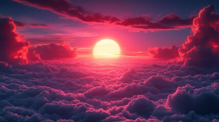 Leinwandbilder - neon text art in dreamy landscapes 3d render of a sunset above the clouds with the word blessed