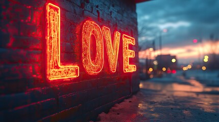 Aufkleber - neon text art in dreamy landscapes 3d rendering of the word love in the desert at night