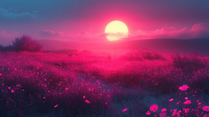 Aufkleber - neon text art in dreamy landscapes foggy sunrise over a field with with neon word future