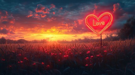 Aufkleber - neon text art in dreamy landscapes illustration of love neon sign in a wheat field at sunset