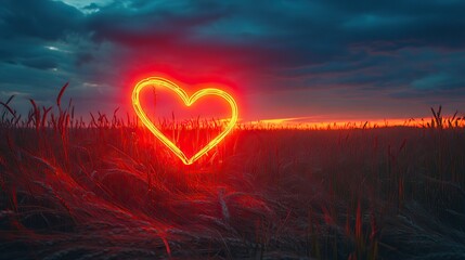 Aufkleber - neon text art in dreamy landscapes illustration of love neon sign in a wheat field at sunset