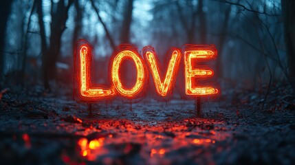 Aufkleber - neon text art in dreamy landscapes love glowing neon sign on forest ground glowing love symbol glowing in the dark