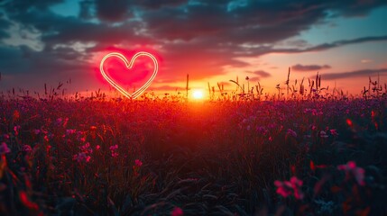 Aufkleber - neon text art in dreamy landscapes sunset over a wheat field in summer with the neon sign love like jesus