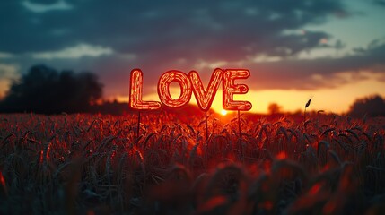 Aufkleber - neon text art in dreamy landscapes sunset over a wheat field with the word love glowing in the middle
