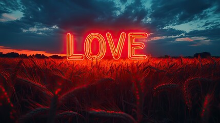 Aufkleber - neon text art in dreamy landscapes sunset over a wheat field with the word love in the middle
