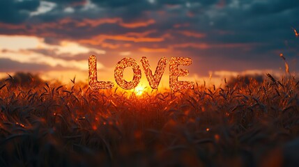 Aufkleber - neon text art in dreamy landscapes the word love written in the middle of a wheat field at sunset