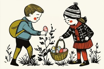 Sticker - Linocut kids finding easter-eggs basket illustration publication.