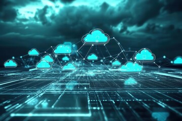 Wall Mural - digital landscape with laptops linked by glowing cloud icons, teal and silver tones pulse, sleek modern horizon, cloud computing in futuristic clarity.