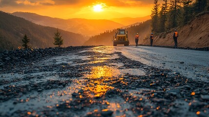 Wall Mural - Mountain road construction at sunset, workers and machinery. Possible use stock photo for construction, road, nature, or travel websites