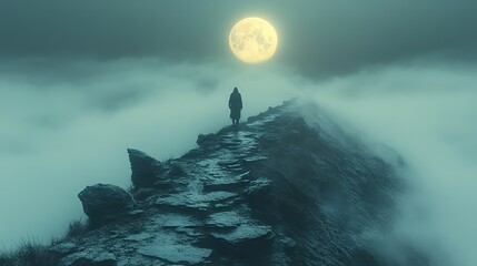 Aufkleber - path to the moonlit peak surreal misty landscape with person on top of a rocky mountain trail staring at the moon digital illustration