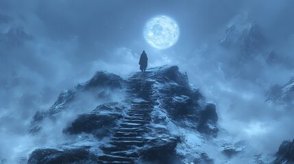 Aufkleber - path to the moonlit peak surreal misty landscape with person on top of a rocky mountain trail staring at the moon digital illustration