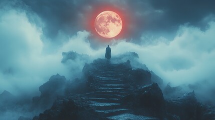 Aufkleber - path to the summit of dreams man staring at the moon on top of rocky stairs digital illustration
