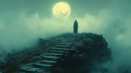 Aufkleber - path to the summit of dreams man staring at the moon on top of rocky stairs digital illustration