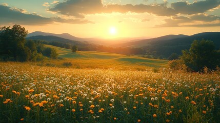 Aufkleber - rural landscape with rolling hills sunlit grass peaceful ambiance