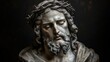© Thoa - sculpture of jesus christ with a crown of thorns with copy space on black background