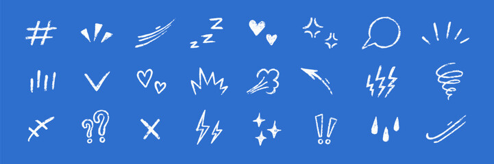 Poster - Line movement comic element, cartoon emotion mark effect decoration icon. Hand drawn cute doodle line element arrow, emphasis, shock, sparkle. Anime movement, express shape. Vector illustration