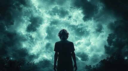 Aufkleber - silhouette of a man flying in the dark cloudy sky at night