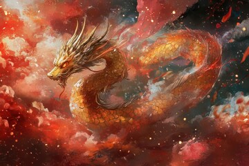 Wall Mural - festive 2025 chinese new year dragon curling through crimson clouds, golden scales glinting, vibrant