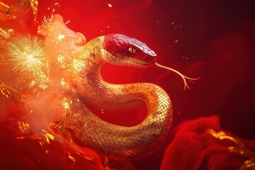 Wall Mural - festive 2025 chinese new year with a coiled ruby snake, golden firecrackers, rich red backdrop, swir