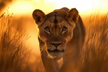 Wall Mural - fierce lioness with piercing golden eyes stalking through tall savanna grass, bathed in the fiery gl