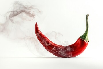 Wall Mural - fiery red chili pepper with glowing embers trailing upward, stark white backdrop, smoke curling deli