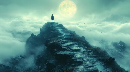 Aufkleber - summit of dreams dreamy misty landscape with person on top of a mountain trail staring at the moon digital illustration