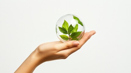 Wall Mural - Hand holding a clear globe with green leaves inside, symbolizing environmental protection