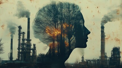 Aufkleber - surreal collage vintage poster style photography man s head with dead tree and smoke coming out of a factory environmental pollution