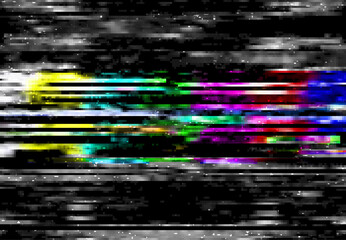 Aufkleber - Glitch digital color distortion, lines and pixel noise. Vector VHS background of rewind effect, tv signal error, television and video crash patterns, glitch texture abstract backdrop design