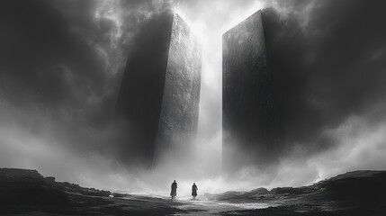 Aufkleber - two figures stand silently by a massive fog shrouded door black and white illustration