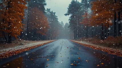 Fototapete - wet asphalt road in the forest during a snowfall in winter