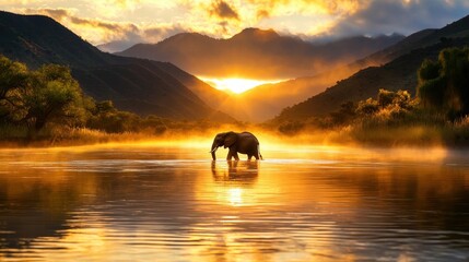 Poster - Majestic African Elephant Silhouette in Golden River at Sunrise Reflecting Serene Landscape and Mountainous Horizon in Natural Light