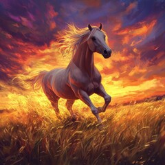 Poster - Majestic white horse gallops through golden wheat field at sunset under fiery sky creating a dramatic scene