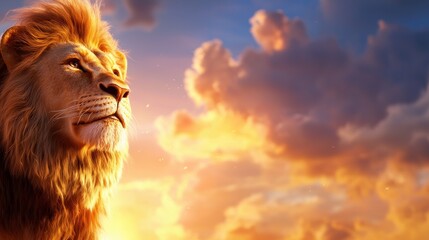 Poster - Majestic lion portrait against a vibrant sunset sky creating a warm and inviting atmosphere with a sense of serenity and peace
