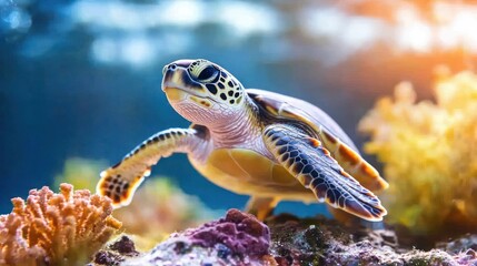 Poster - Graceful sea turtle swimming in a vibrant coral reef aquarium with sunlight filtering through the water creating a serene underwater scene