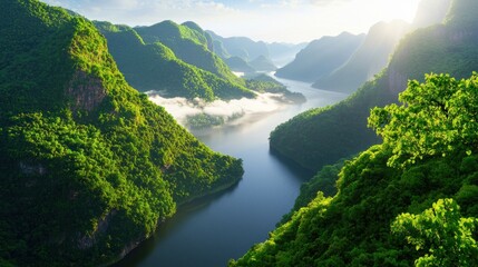 Poster - Serene River Valley Vista Lush Green Mountainsides Reflecting Sunlight Peaceful Scene Tranquil Waters Verdant Hillsides Misty Morning Light Scenic Landscape