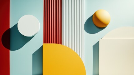 Aufkleber - Geometric composition of vibrant shapes casting shadows on a pastel blue background in a minimalist style creating a modern and abstract visual