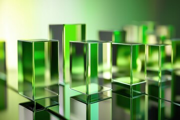 Fototapete - Green Glass Blocks Arranged in Rows and Columns with a Blurred Background Shiny and Bright