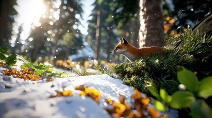 Poster - Captivating Fox in Winter Forest Sunlight, a Blend of Warmth and Cold, Showcasing Wildlife in Serene Nature, with a Low Angle and Bokeh Background