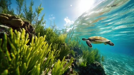Poster - Graceful sea turtle swimming in crystal clear turquoise ocean water near coral reef and aquatic plants sunlight